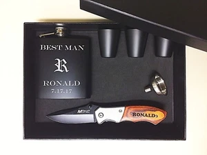 4 personalisierte Trauzeugen Geschenkset Box individuelle Gravur Taschenmesser Flachmann Trauzeuge - Bild 1 von 1