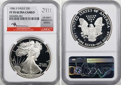 1986-S Proof Silver Eagle NGC PF70 MERCANTI SIGNED Engraver Series Label POP 90! - Image 1 of 4