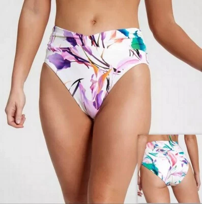 Pantalones de natación para mujer CALIA tiro alto fruncidos frente en V crema/multi XS, XL Foto 1 de 4