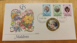 Maldives 1981 UK Royal Wedding Stamp FDC Inlaid Princess Diana Medallion Coin - Picture 1 of 7