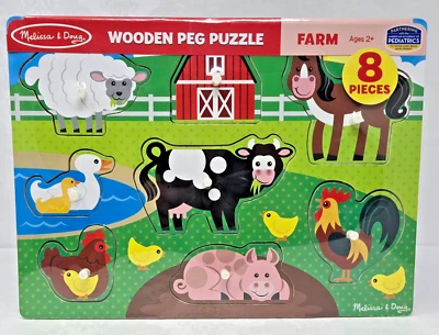 Melissa & Doug 8 pc Wooden Peg Puzzle FARM Ages 2+ NEW! - Image 1 of 2