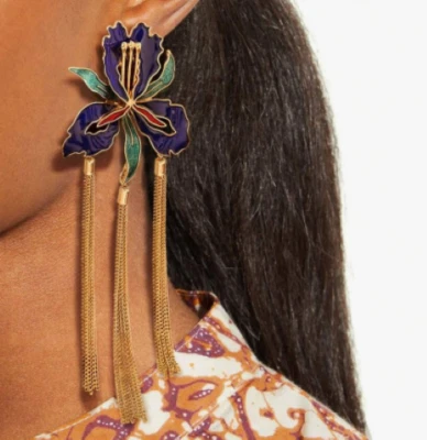 Big Purple Iris Flower Earrings Long Gold Tassel Chandelier Statement Floral - Image 1 of 4