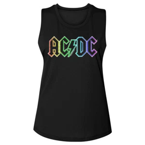 AC/DC Vintage Rainbow Lightning Bolt Logo Ladies Sleeveless Muscle Black Tank T - Picture 1 of 7