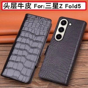 Genuine Leather Flip Case For Samsung Galaxy Z Fold 5 4 3 Alligator Grids Cover - Picture 1 of 43