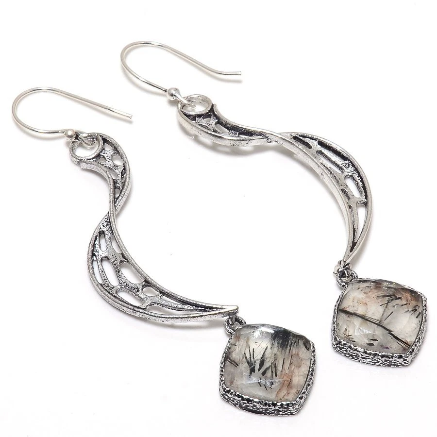Faceted Rutilated Quartz Gemstone Silver Plated Earrings Jewelry 3" - Image 1 of 1