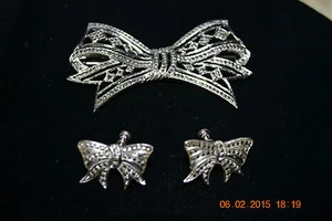Lovely Vintage Sterling Silver Bow Brooch w/Earrings GORGEOUS! - Picture 1 of 4