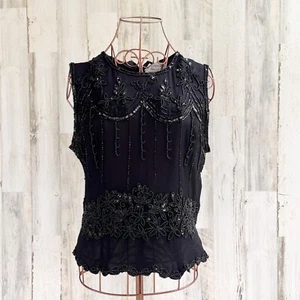 Perlen Papell Boutique elegantes schwarzes Top M Preppy Old Money Seide Hochzeitsgast - Bild 1 von 10