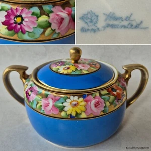 Antigua olla cubierta de hoja de arce nipón de 1 cuarto de galón. Pintado a mano floral azul dorado - Imagen 1 de 21