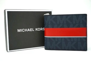 Portafoglio uomo Michael Kors Jet Set logo blu baltico e righe rosse brillanti portafogli - Foto 1 di 5