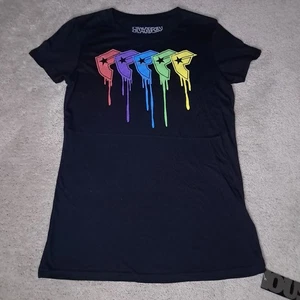 Vtg Y2k Famous Stars & Straps T-shirt Teen Girls L Black Glitter Pride Logo Drip - Picture 1 of 9