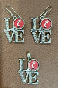University of Cincinnati LOVE Earrings & Pendant Set Red Rhinestone Jewelry - Picture 1 of 4