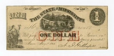 1864 Cr.44A $1 The State of MISSISSIPPI Note - CIVIL WAR Era w/ TRAIN - Image 1 of 2