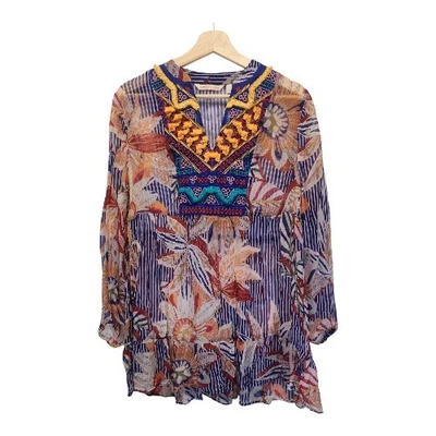 Túnica Floral Suave Envolventes Semi Transparente Bordada Boho Cuello en V PEQUEÑA Foto 1 de 4