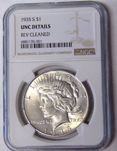 NGC UNC Detail 1935-S Peace Silver Dollar Reverse Cleaned 4 Rays Variety