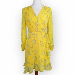 Banana Republic Wrap Dress Size 4 Yellow Florals Sheer Puff Sleeve Ruffle Hem - Picture 1 of 14