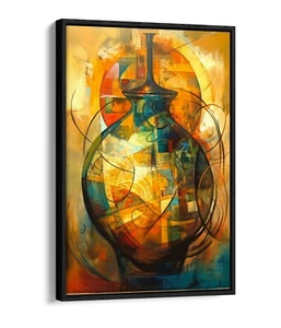 CUBIST GOLDEN POT PAINTING -DEEP FLOAT EFFECT FRAMED CANVAS WALL PRINT - Picture 1 of 12