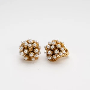 Clip Earrings Women's Pearls Big Button Vintage Style Years 50 Without Hole Gold - Picture 1 of 6