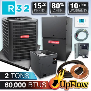 Goodman 2 Ton 15.2 SEER2 60K BTU 80% R32 AC & Upflow Gas Furnace Split System - Picture 1 of 21