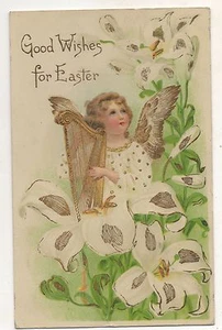 Good Wishes for Easter, Angel with Harp, Lily Flowers Vintage Postcard - Picture 1 of 2