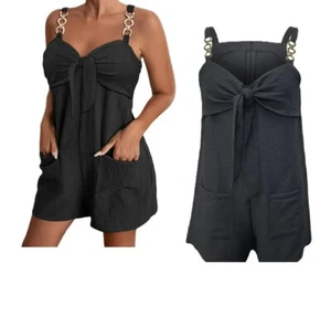 New Black Gold Chain Pocket Jumper Shorts Romper Overalls Size Large - Picture 1 of 11
