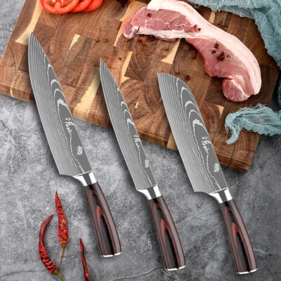 3 tlg Küchenmesser Kochmesser Set Edelstahl Damaskus Muster Scharfe Profi Messer - Bild 1 von 4