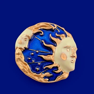 CELESTIAL SUN MOON BROOCH face 90s retro blue, gold- & ivory-tone enamel pin G1 - Image 1 of 4