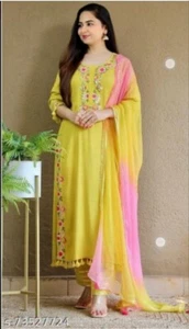 Hermosa Kurta Étnica India Amarilla con Pintura con Juego de Dupatta - Imagen 1 de 7