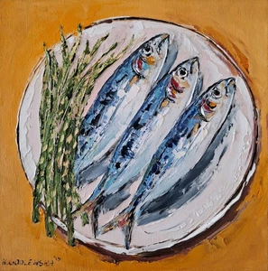 Original Oil Painting Still Life Artwork Fish Sardines Asparagus Kitchen Art - Picture 1 of 10
