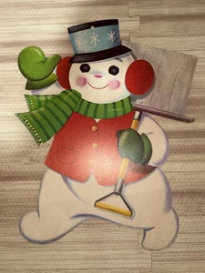 Vintage Snowman Die Cut Decoration – Retro Holiday Christmas 70s Shovel - Picture 1 of 4