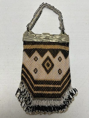 Vtg Art Deco Beaded Handbag Bakelite Flapper Purse Black Gold White Geometric - Image 1 of 4