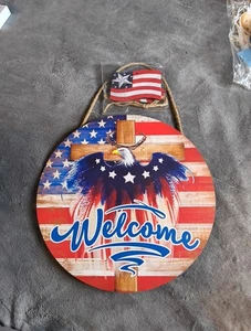 Independence Day Decor Hanging Welcome Sign American Flag Eagle Cross Crown... - Picture 1 of 6