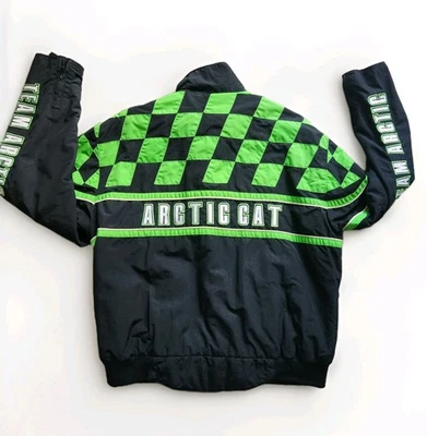 Vintage Arctic Cat Team Racing Ski Snowmobile Coat Green Black Check Sz L Zip - Image 1 of 4