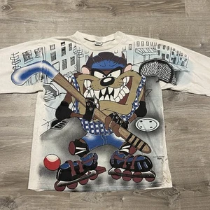 Vintage 90s Looney Tunes Taz Hockey AOP Long Sleeve Shirt Adult Size XL - Picture 1 of 12