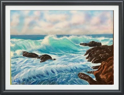 18 X 24 CHM paisagem marítima original assinada à mão arte acrílica moderna em tela - Imagem 1 de 4