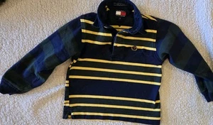Vintage 90's Tommy Hilfiger Kids Striped Navy and Yellow Green And Navy Sleeves - Picture 1 of 3