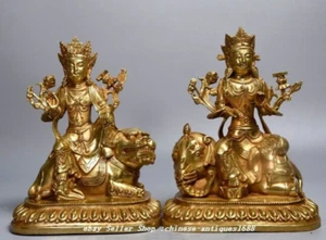 9.8" Antiguo Chino Bronce Dorado Wenshu Puxian Kwan-yin León Elefante Buda Par - Imagen 1 de 9