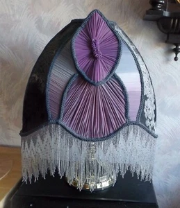 Victorian French EX lg Lamp Shade Blue Silk material 5" glass fringe -hand made - Picture 1 of 3