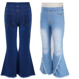 Kids Girls Jeans Play Bell-bottom Daily Trousers Outdoor Wide Leg Home Pants - Picture 1 of 26
