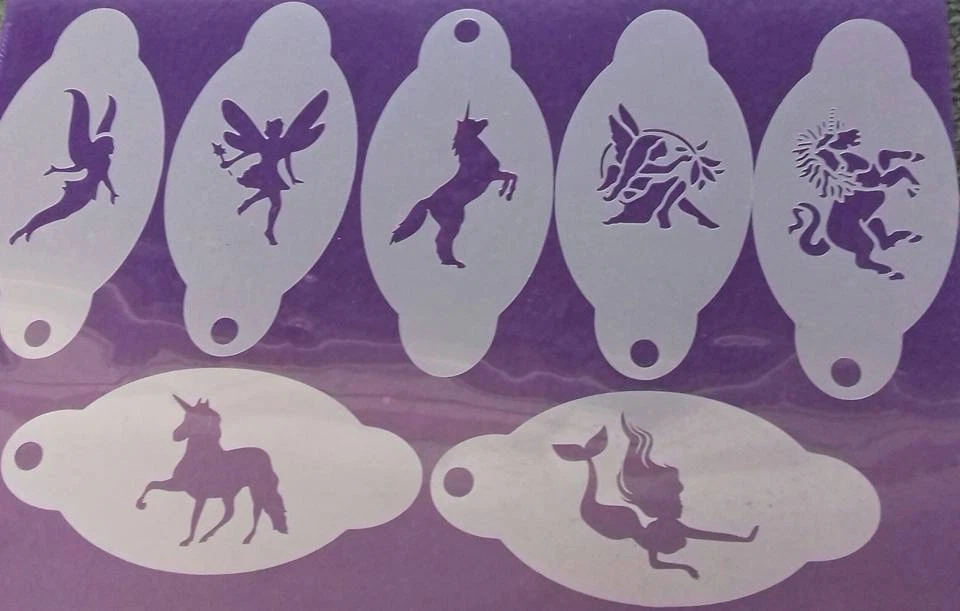 DAZZLE GLITTER TATTOOS Stencil per pittura viso fata e unicorno e sirena riutilizzabili (7 disegni diversi)