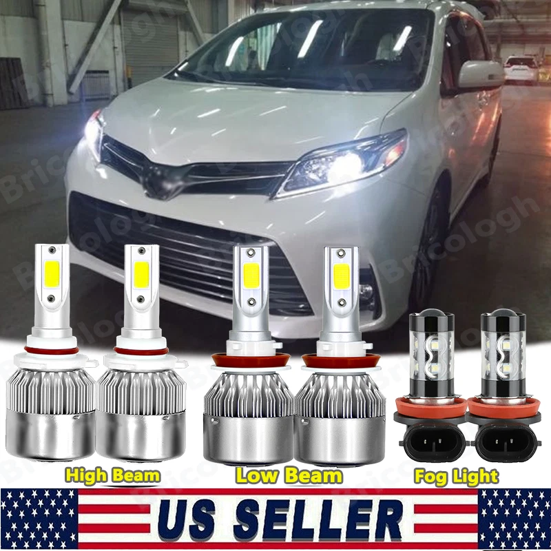 For 2011-2017 Toyota Sienna 6000k LED Headlight + Fog Light 6X Bulbs Combo Kit - Image 1 of 4