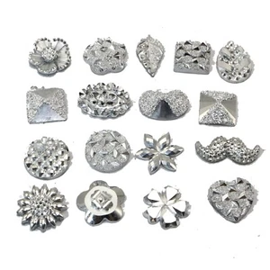 200 Assorted Shiny Silver Flatback Resin Glitter Cabochons Appliques Craft DIY - Picture 1 of 7