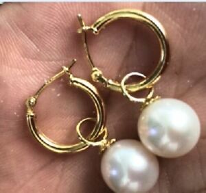 14K GOLD 7-8mm perfect  white Australia south sea pearl dangle earring Full dril