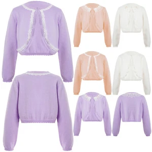 Kids Girls Sweaters Thermal Cardigan Jacket Outerwear Cute Warm Lace Trim Coat - Picture 1 of 54