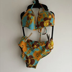 Vintage 60S Bikini Womens Flower Power Mod Bathing Suit Made France Bullet Bra - Picture 1 of 18