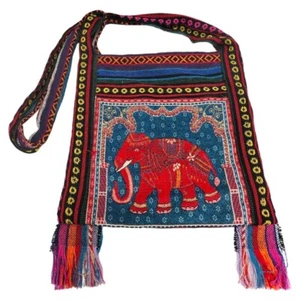 Bolso de Hombro Elefante Tailandés Hippie Beige y Azul Cremallera Algodón 12 Pulgadas - Imagen 1 de 7