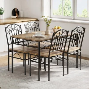 Industrial Dining Set for 4 Table and 4 Chairs Wood Top for Small Space Kitchen - Picture 1 of 7