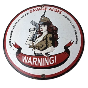 Vintage Savage Arms Sign - 2nd Amendment, Warning, Gun Protect Gas Pump Sign - Picture 1 of 14