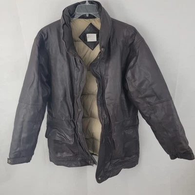 Vintage EDDIE BAUER Mens Jacket Sz LARGE Leather BROWN Goose Down Distressed - Image 1 of 4