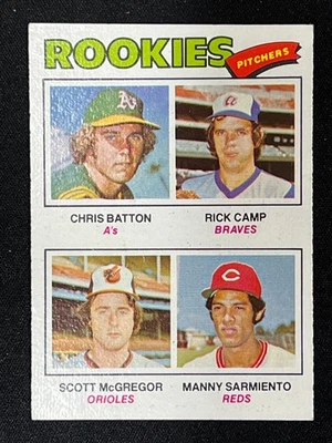 1977 Topps #475 Rookie Pitchers Batton, McGregor, Rick Camp, Sarmiento NM - Image 1 of 2