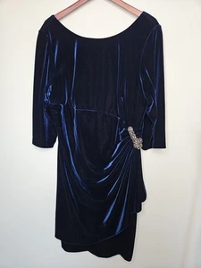 Alex Evenings Dress 20W Blue Velvet Velour Gathered Waist Beaded Rhinestones - Picture 1 of 11